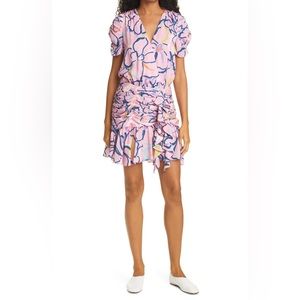 NEW Tanya Taylor Zora Short Sleeve Squiggle Pattern Silk Mini Dress Pink 6 NWT